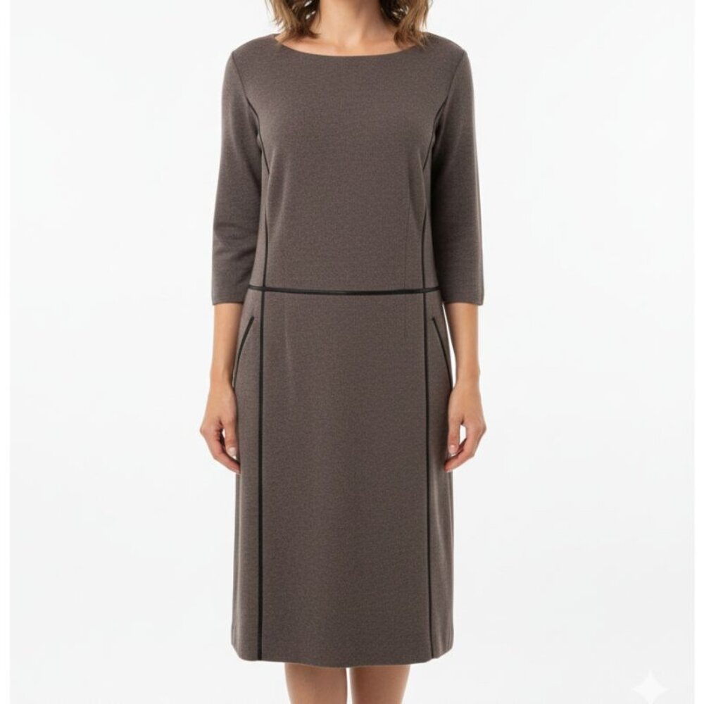 Lafayette 148 Fanl Brown Sheath Dress Plus Sz 18 Black Leather Trim Wool